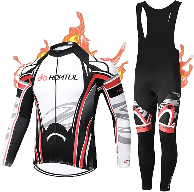 Cycling Jersey Set Long Sleeve Men's Thermal Fleece Winter Cycling Suits Cycling Jersey and Cycling Shorts with Seat Pad + 9D Gel
