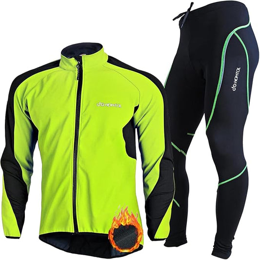 Men's Long-Sleeved Cycling Jacket Set, Winter Thermal Waterproof, Windproof, Breathable Cycling Jacket and Cycling Shorts with Seat Padding, Cycling Clothing Set, Cycling Suits, Jersey Set with